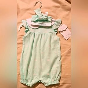NWT 6-9 Month Baby girl greenish blue rompers with headband